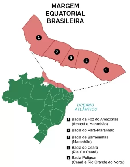 Margem Equatorial a Foz do Amazonas, que abriga maior sistema de recifes do Brasil e a maior área contigua de manguezais do planetaImagem: UOL/Arte
